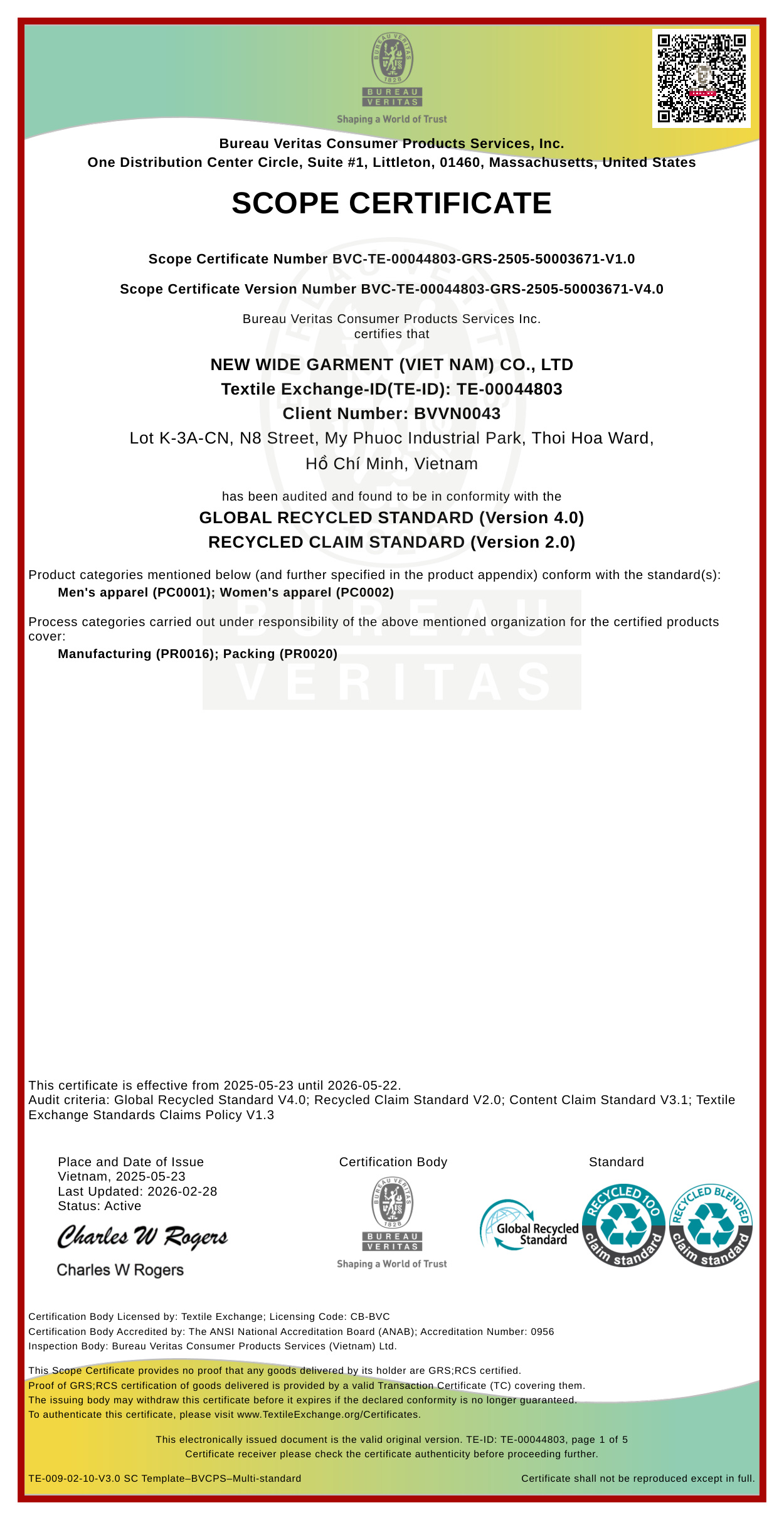 GRS & RCS Scope Certificate